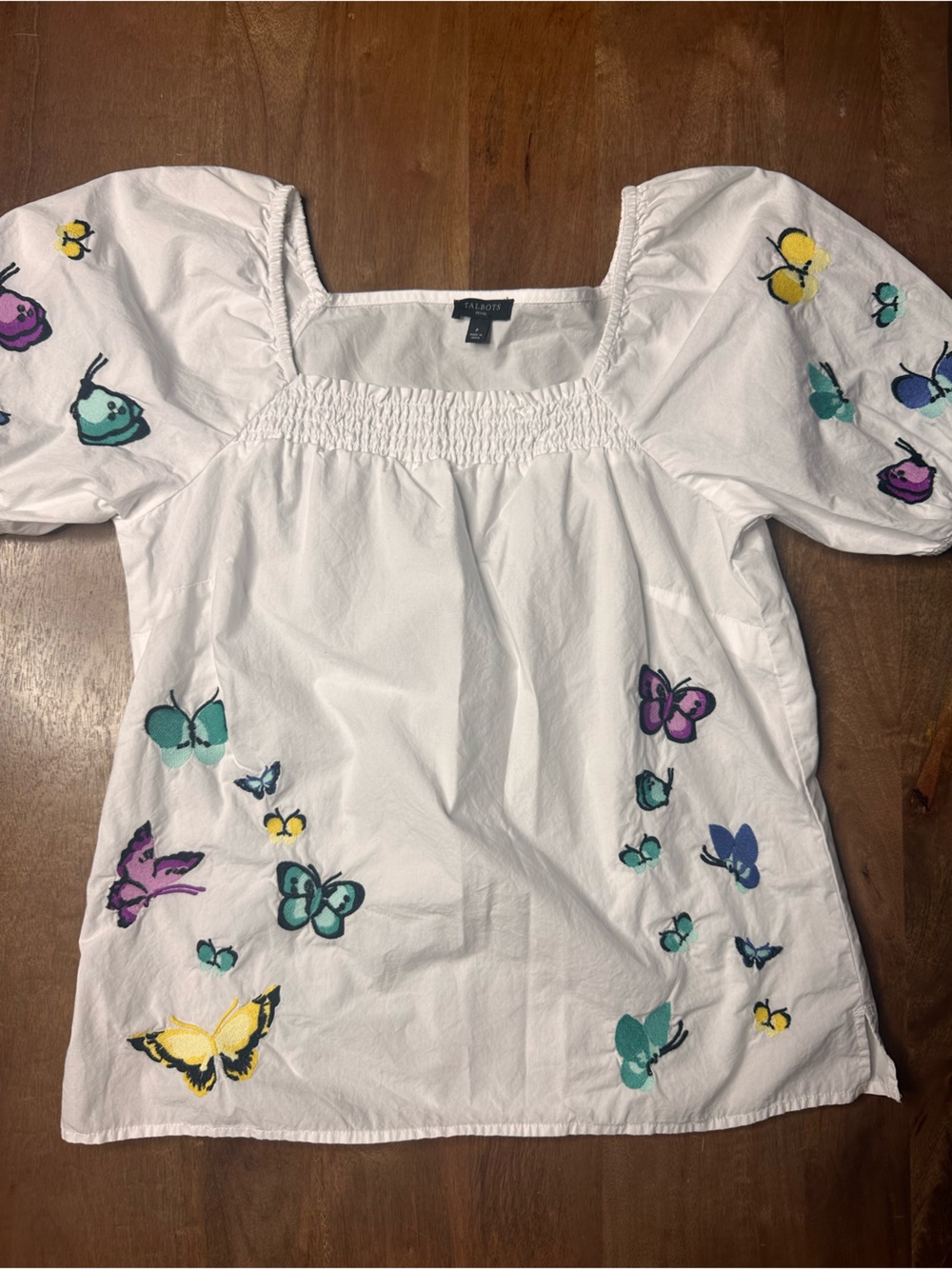 Talbots White Square-Neck Puff Sleeve Top with Multicolor Butterfly Embroidery